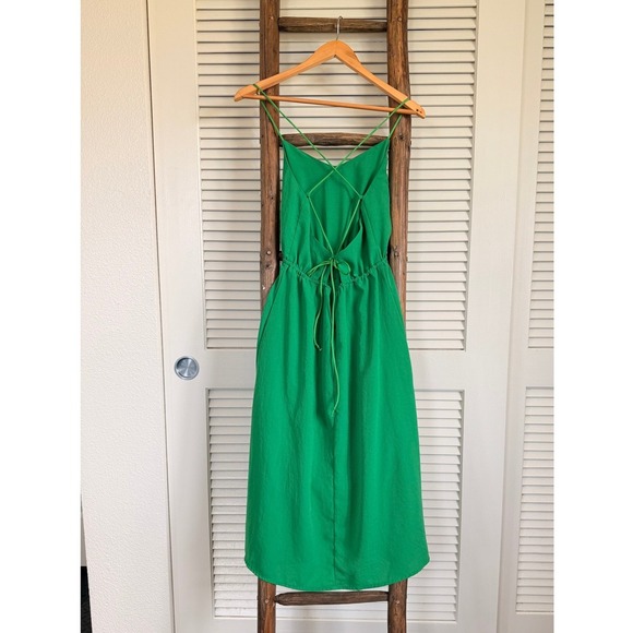 Green Midi Dress Sleeveless Sundress Button Front Tie Back Casual Summer - Picture 2 of 5